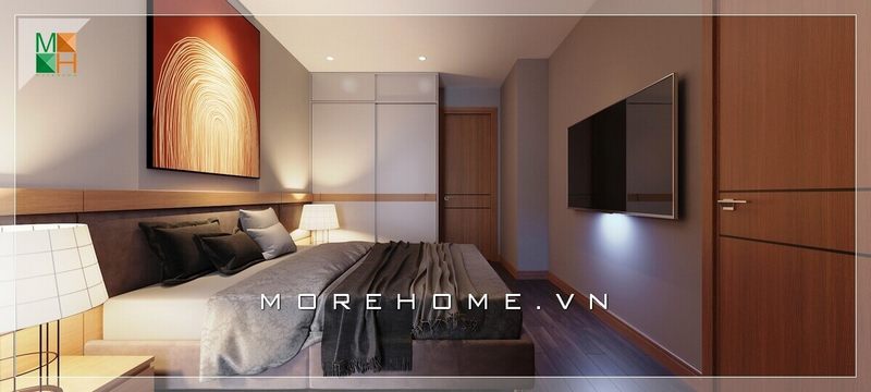 .
Gia đình thường hướng tới một mẫu thiết kế nội thất phòng ngủ chung cư hiện đại. Một sự sắp xếp hợp lý và gọn gàng của các thiết bị như TV treo tường, bức tranh canvas nổi bật treo đầu giường, ga giường màu trắng sẽ tạo nên một khối hài hòa và thống nhất trong phòng ngủ.